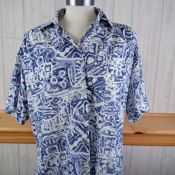 *Blue Tropical / Tribal Print Button Up Tunic Top - Picture 2 of 9